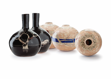 Belinda Michael & Tiffany Titshall A Gothic Tale 9 & 7, 2021 earthenware with slips & oxides, sgraffito, once fired Courtesy the artists