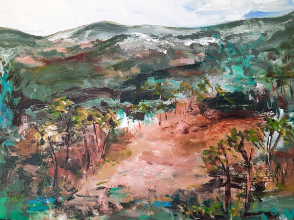 Painting of bush landscape surrounding a clearing.