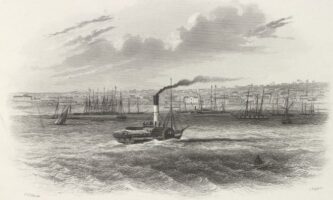 Black and white image of a steam ferry