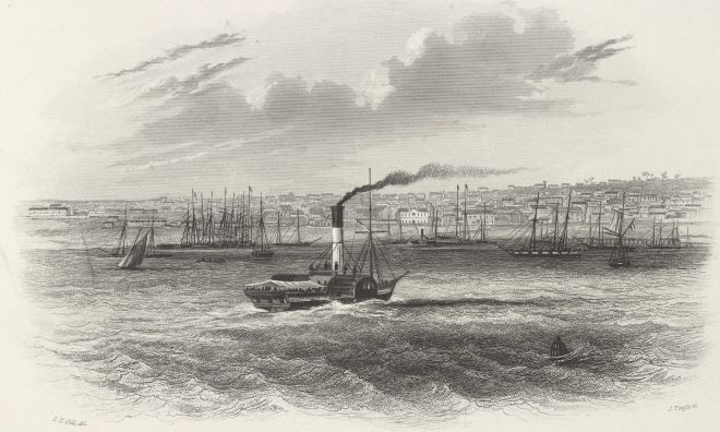 Black and white image of a steam ferry