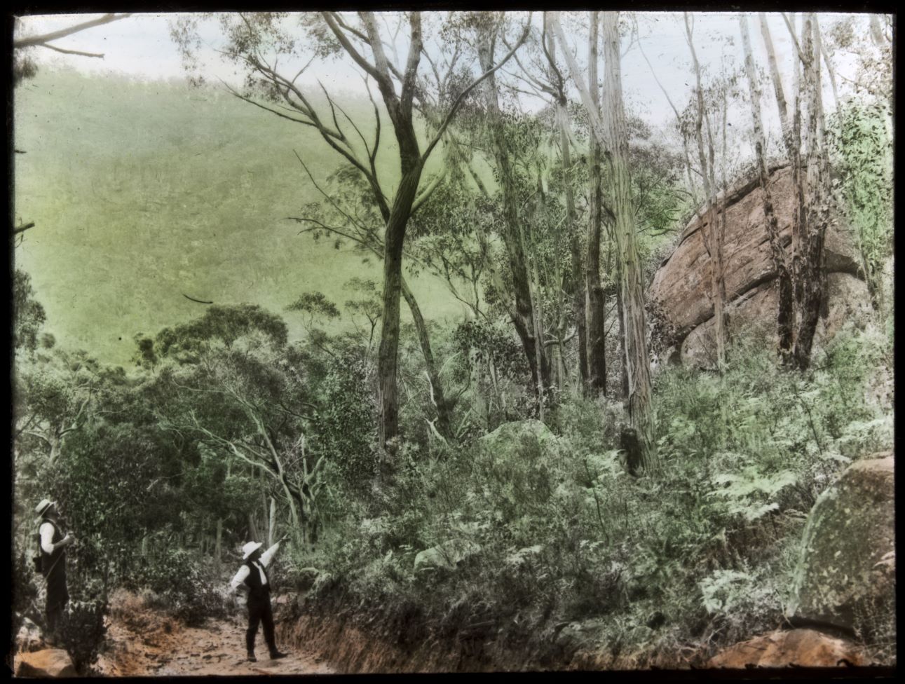 Australian bush landscape with 2 people in the fore ground