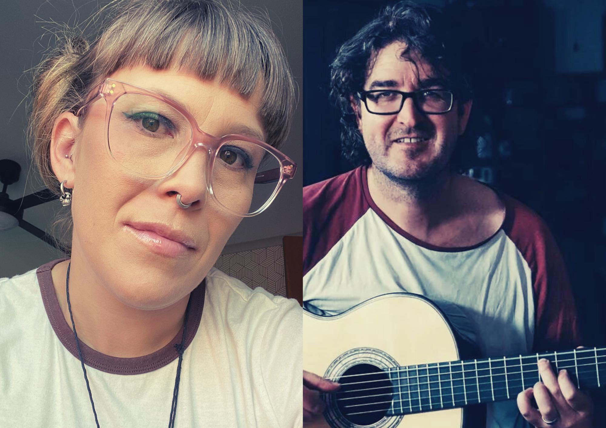 Image of singer, Paige Duggan, smiling at the camera and Robbie Melville alongside her and he is holding a guitar.