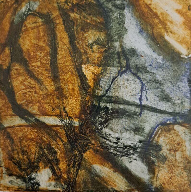 collograph created using sandy and seaweed green colours